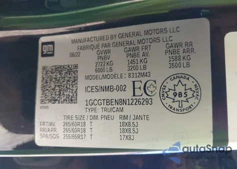 2022 Chevrolet Colorado 4Wd Long Box Wt/4Wd Short Box Wt z USA, uszkodzony, nr VIN 1GCGTBEN8N1226293